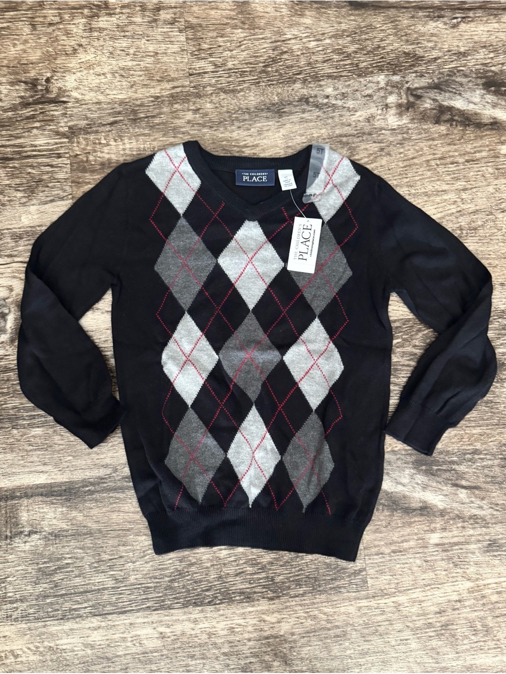 The Children's Place Black Argyle Crewneck Sweater with Gray & Red Accents